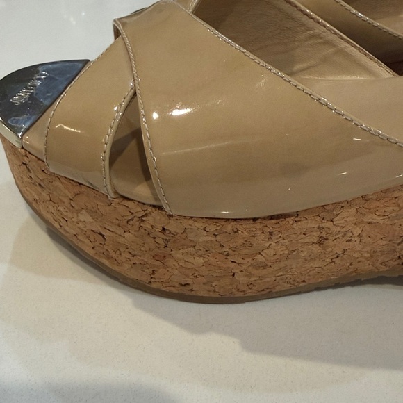Jimmy Choo Prima Nude Patent Leather Cork Wedge Slide Sandals. Size 37 1/2 - Picture 15 of 15
